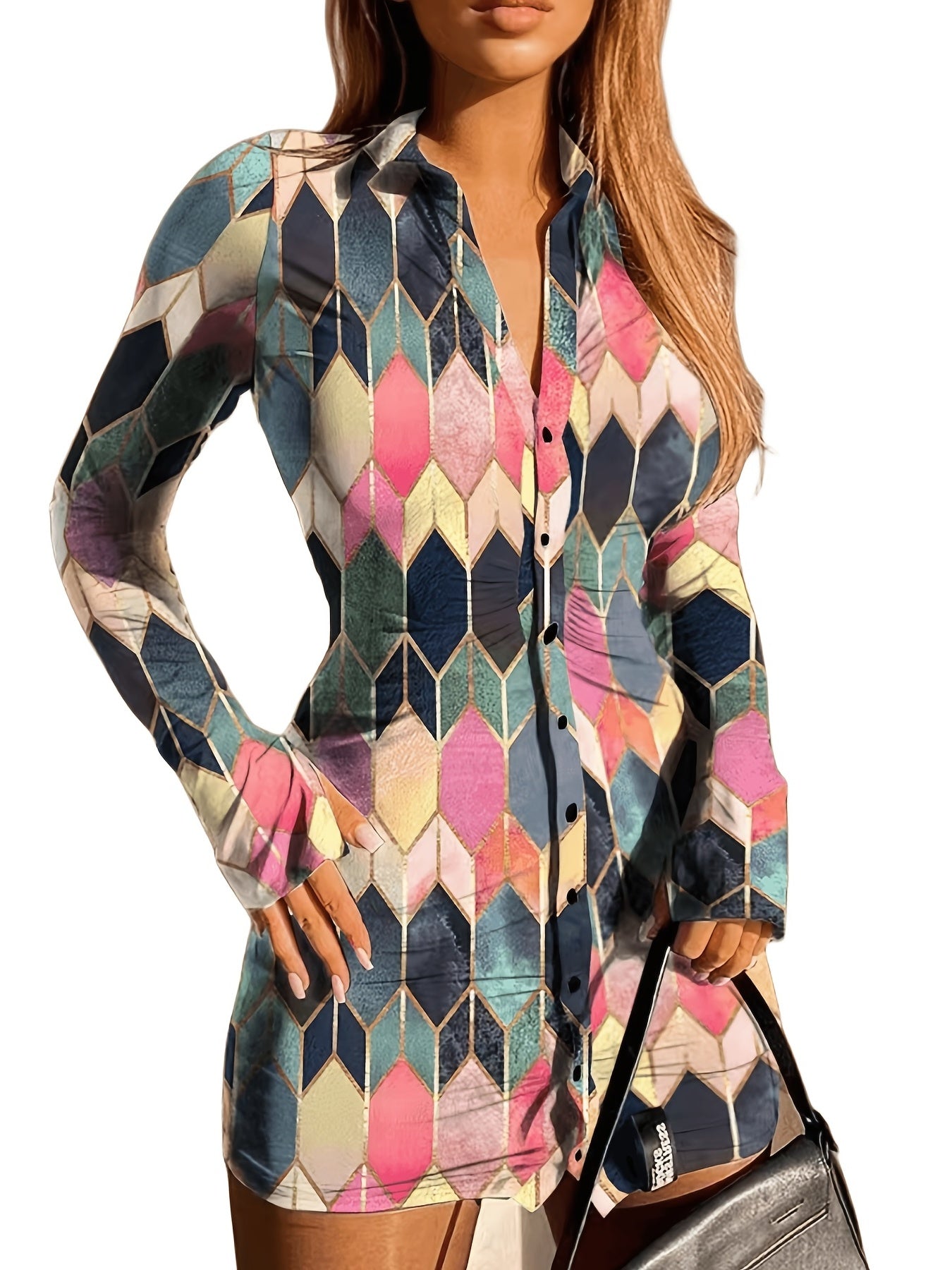 Argyle Print Shirt Dress Long Sleeve Mini Dress Women's Clothing