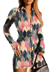 Argyle Print Shirt Dress Long Sleeve Mini Dress Women's Clothing