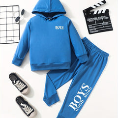 2PCS BOYS GOOD MOOD Letter Graphic Print Boys Casual Long Sleeve Hooded Sweatshi