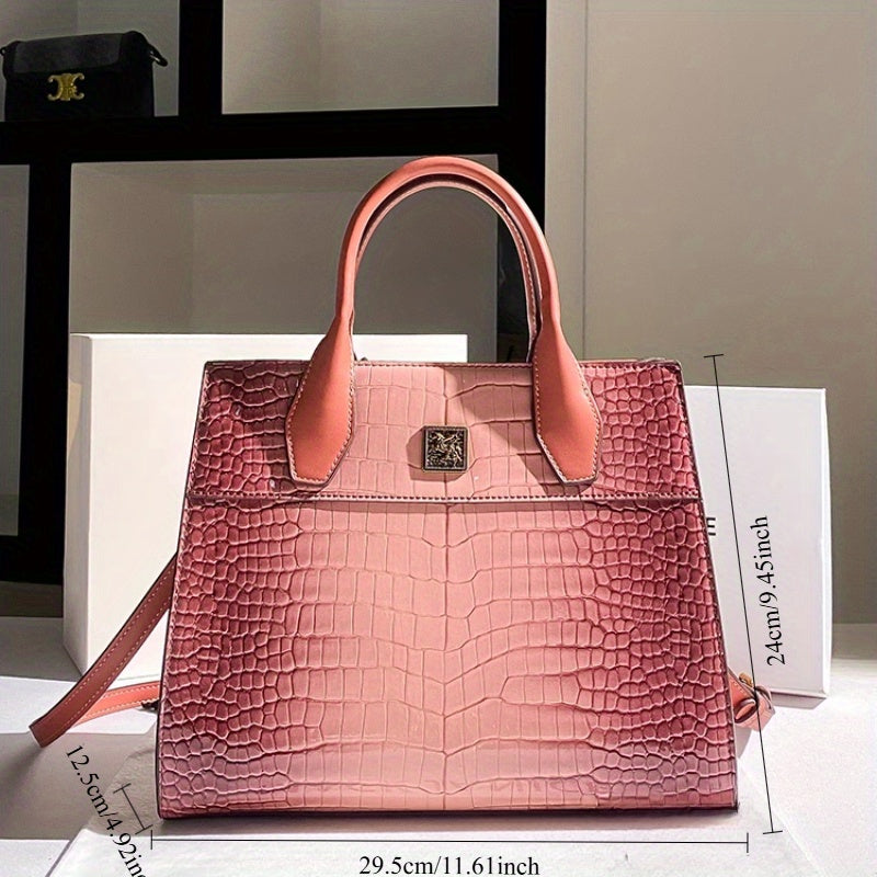 Vintage Pink Crocodile Pattern Handbag with Removable Strap