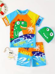 Boys Dinosaur Wave Block Swim Suit Swimming Trunks & Tops & Cap