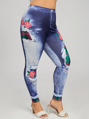 Denim & Plaid Print Skinny Leggings
