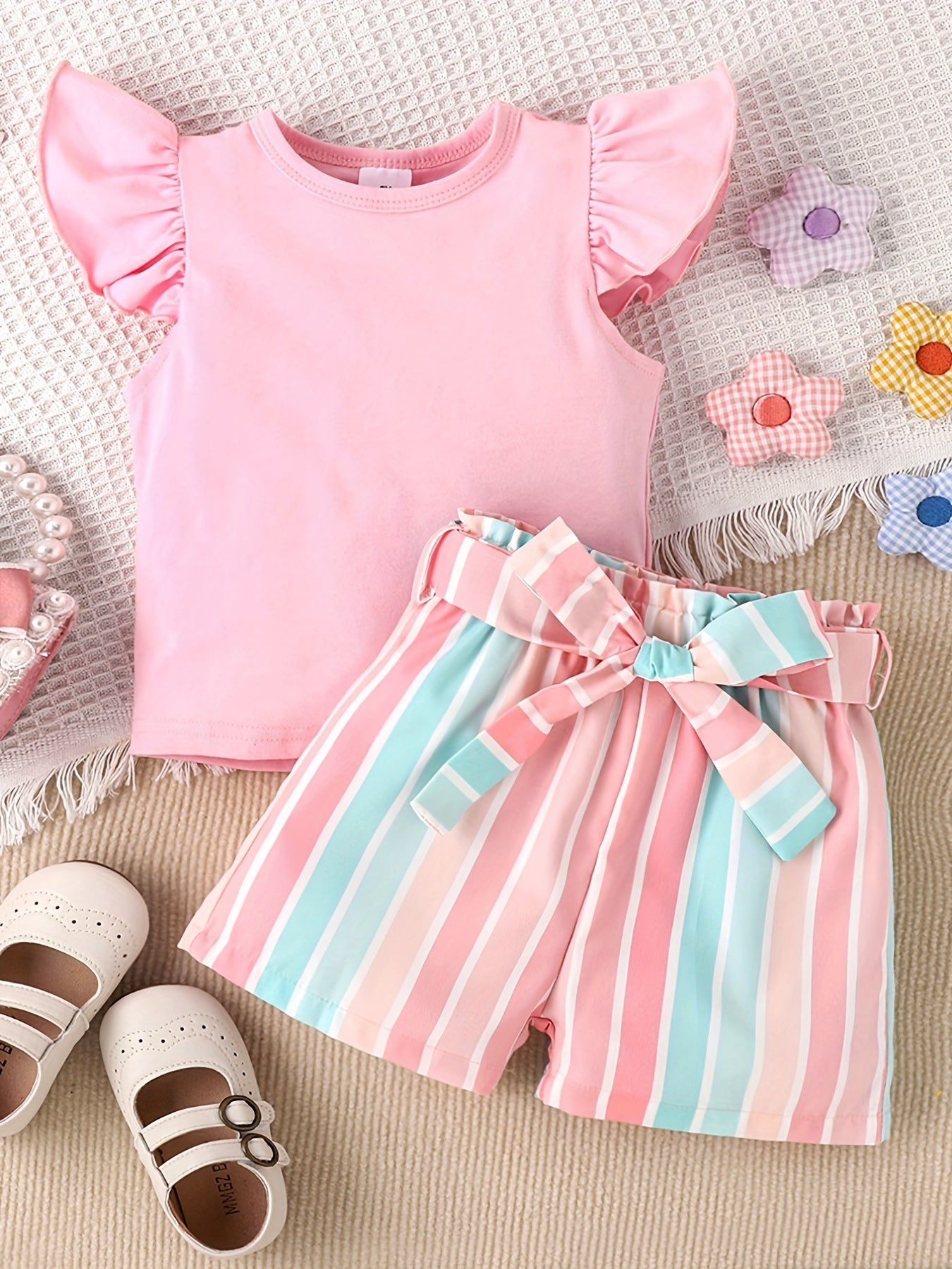 Toddler Girls Ruffle Trim T Shirts & Striped Shorts Set