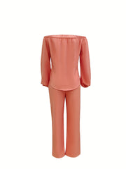 Causal Two piece Set Off Shoulder Lantern Sleeve Button Top & Straight Leg Pants