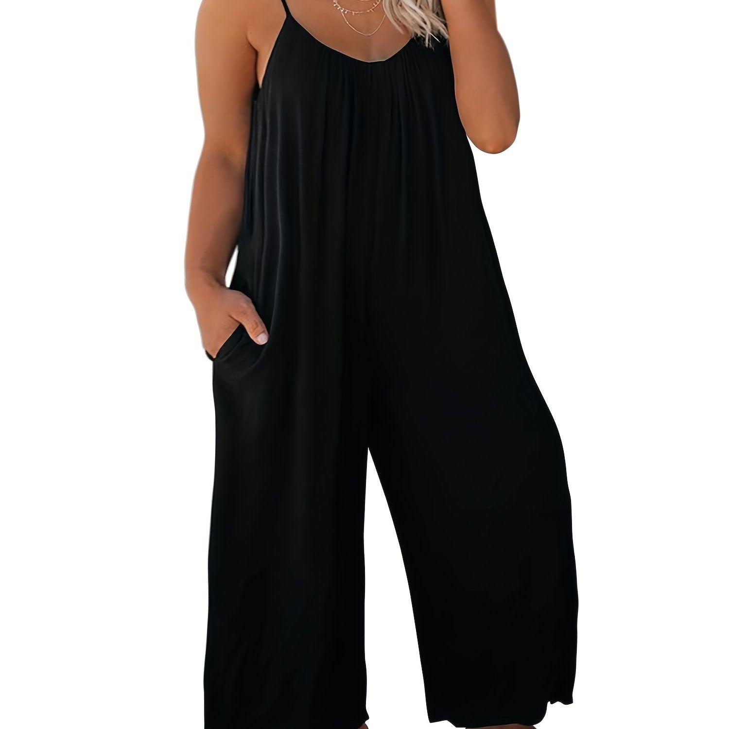 Casual Cami Jumpsuit Solid Round Neck Wide Leg With Pockets