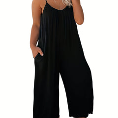 Casual Cami Jumpsuit Solid Round Neck Wide Leg With Pockets
