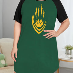 Plus Bear Paw & Football Print Raglan Sleeve Round Neck Tee Sleep Dress