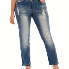 Washed Ripped Button Fly High Stretch Jeans