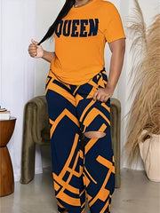 2pcs Queen Print Tee & Allover Print Wide Leg Pants Set Women's Clothing