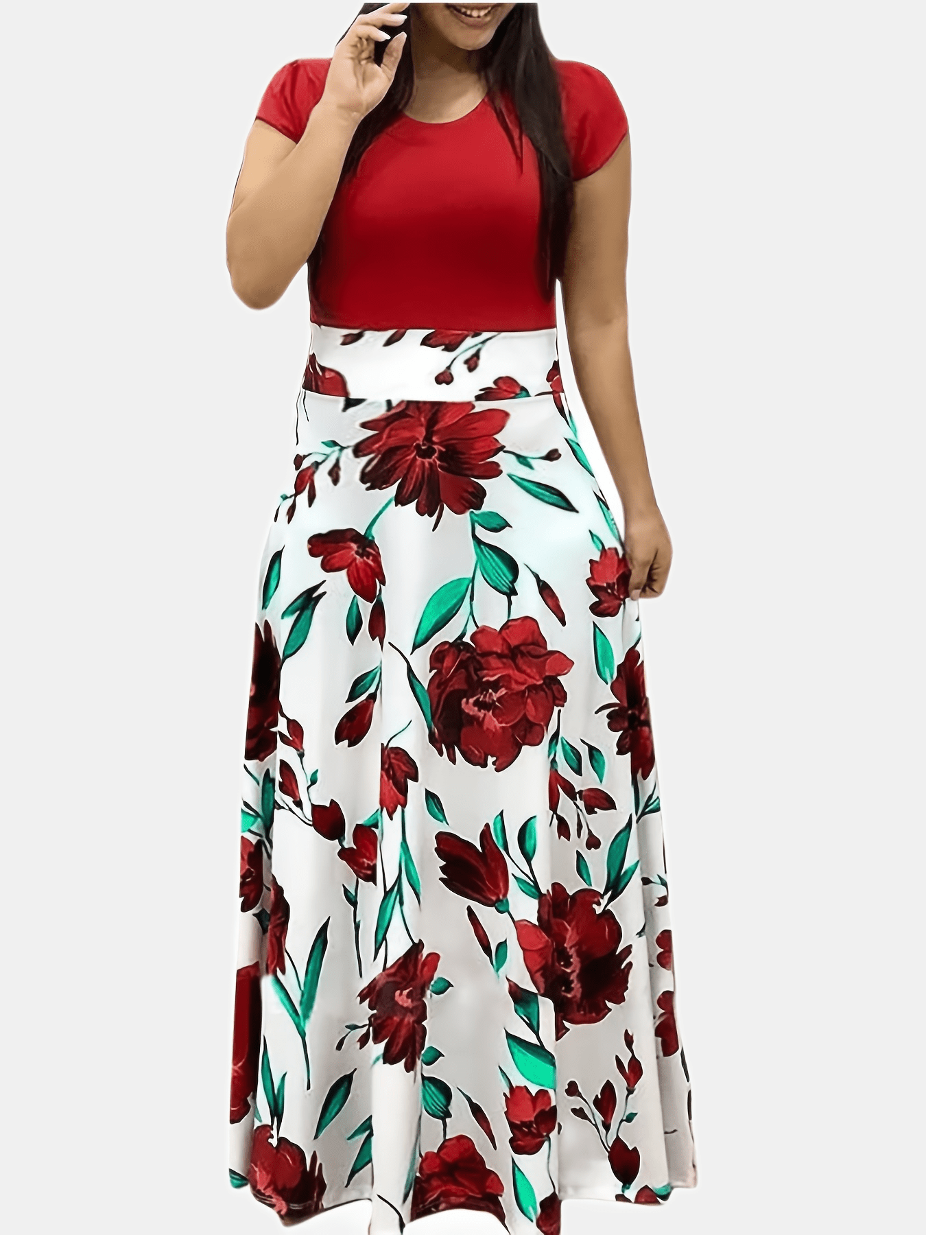 Floral Print Maxi Dress Short Sleeve Round Neck Boho Style