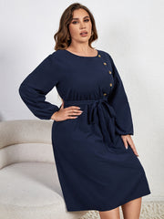 Women's Plus Size Button Decor Lantern Sleeve Round Neck Dress