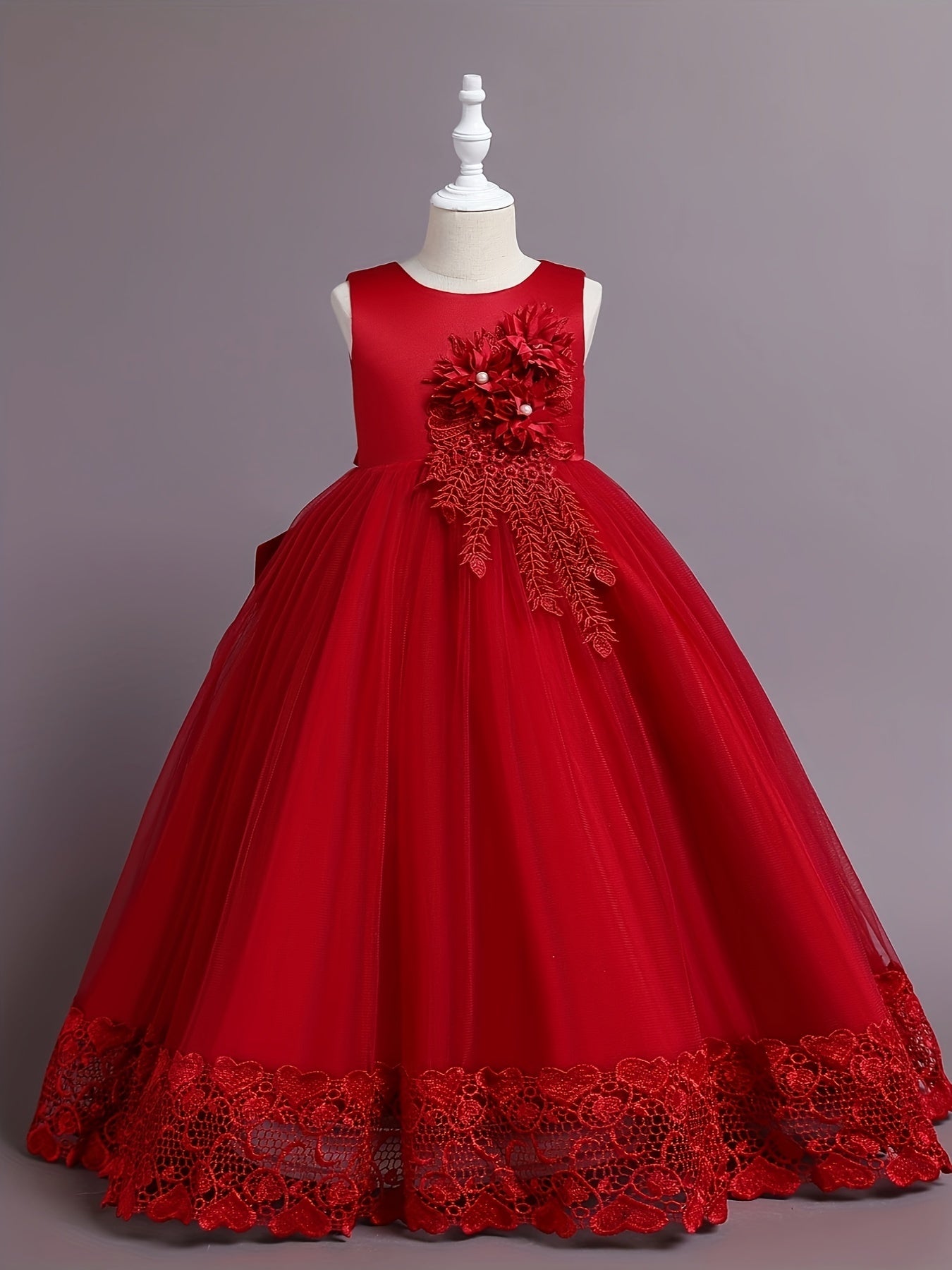 Girls Heart Floral Embroidery Mesh Princess Dress Wedding Party Clothes