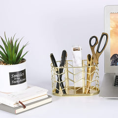 Golden Metal Pencil Holder 3 Compartment Desk Organizer