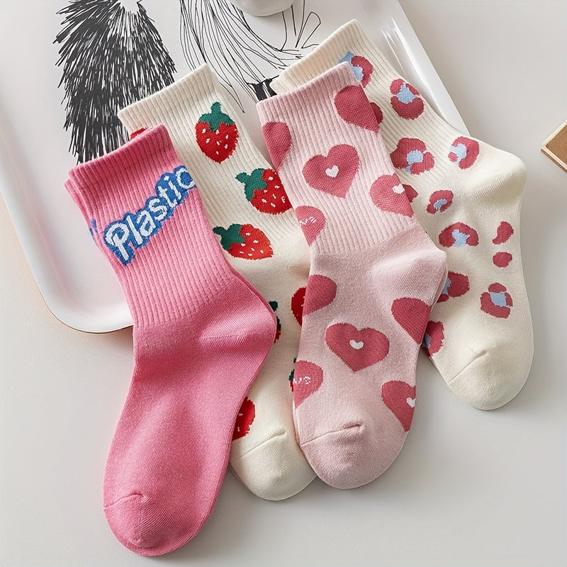 Heart & Strawberry Print Socks Women's Stockings