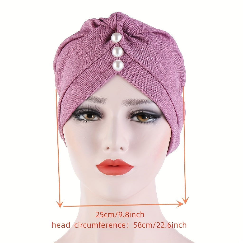 Faux Pearl Decor Turban Cap Solid Hijab Chemo Cap