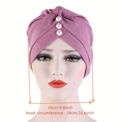 Faux Pearl Decor Turban Cap Solid Hijab Chemo Cap