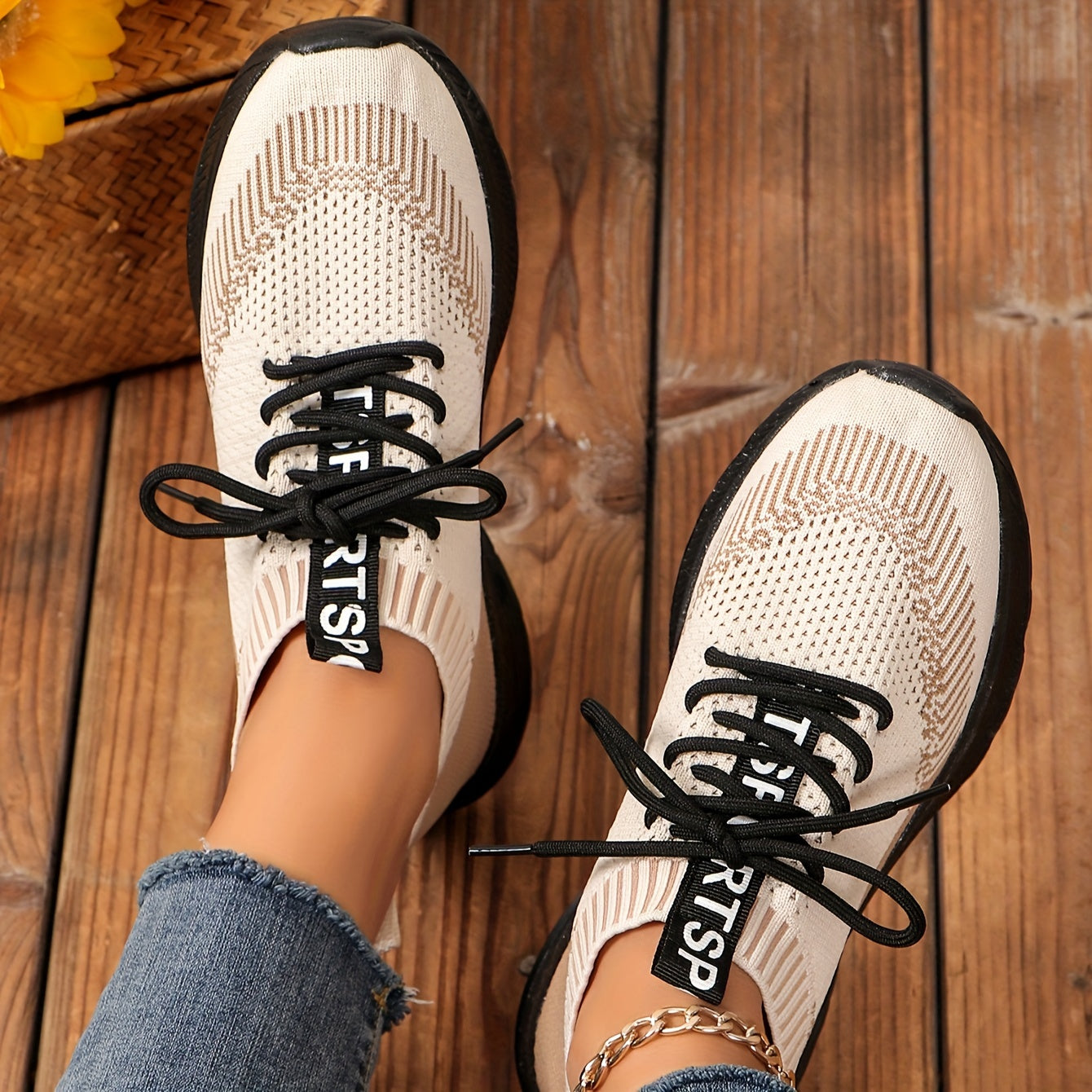 Women's Knit Lace Up Sports Sneakers Non Slip Walking Shoes