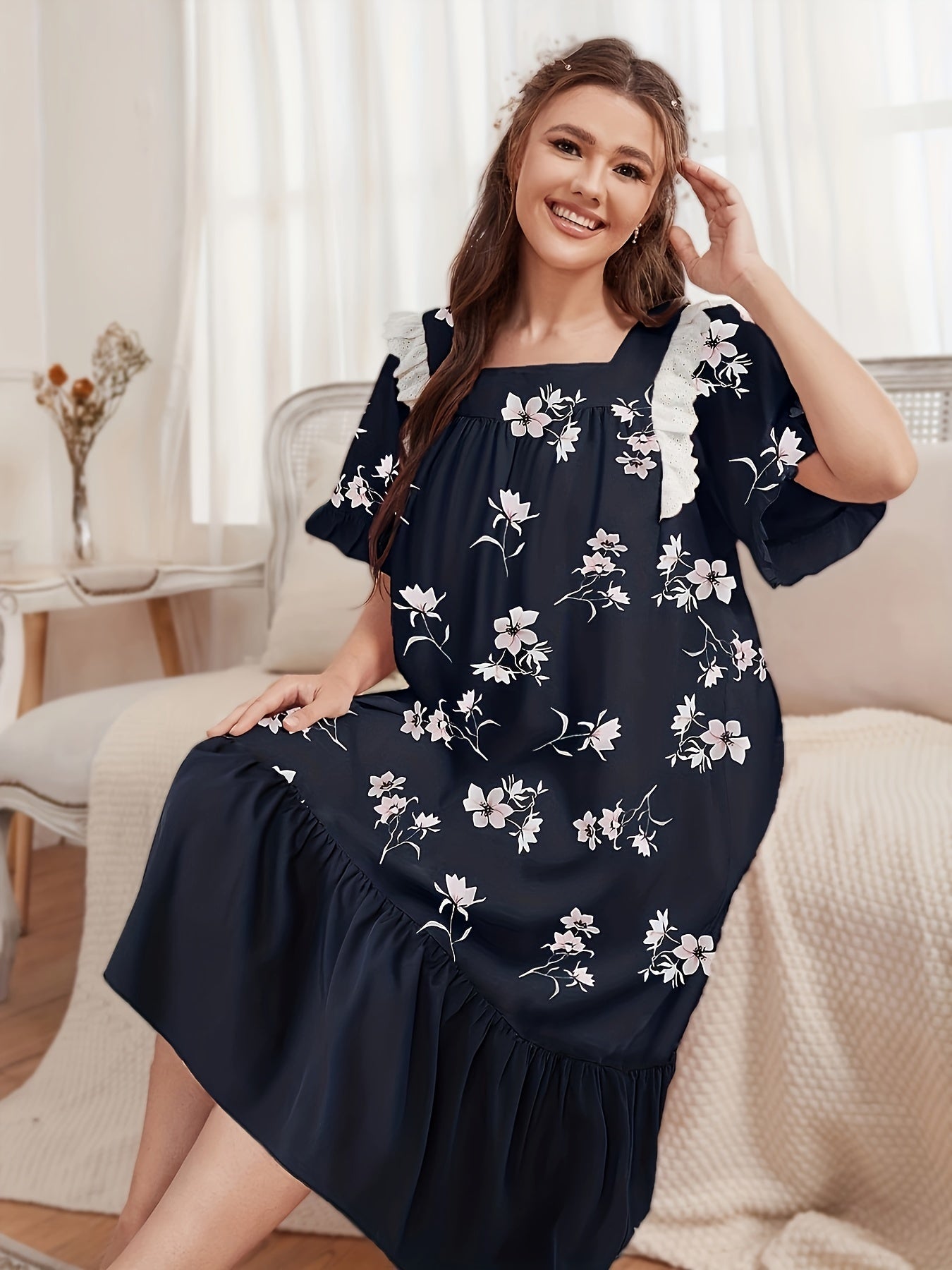 Nightdress Women's Plus Floral Print Lace Trim Short Sleeve