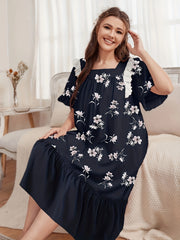 Nightdress Women's Plus Floral Print Lace Trim Short Sleeve