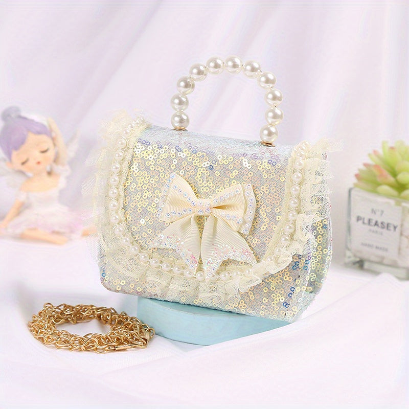 Sweet Bow Girls Crossbody Bag with Sequins & Pearl Handle