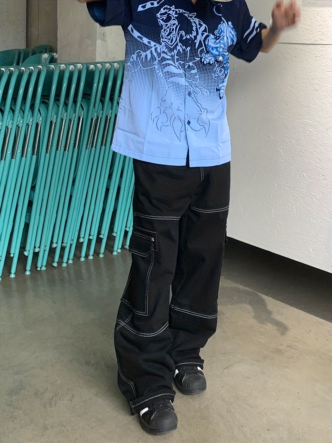 Cotton Patchwork Men's Cargo Pants Loose Baggy Casual Outdoor Work