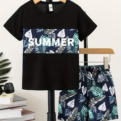 Boys Leaf Print Casual Outfit Round Neck T shirt & Shorts Set