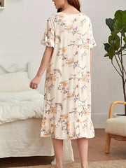 Floral Ruffle Nightdress Short Sleeve Sleep Dress Women's Sleepwear