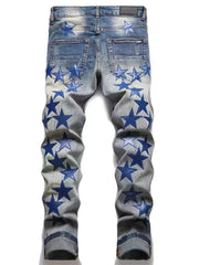 Men's Slim Fit Embroidered Star Ripped Jeans