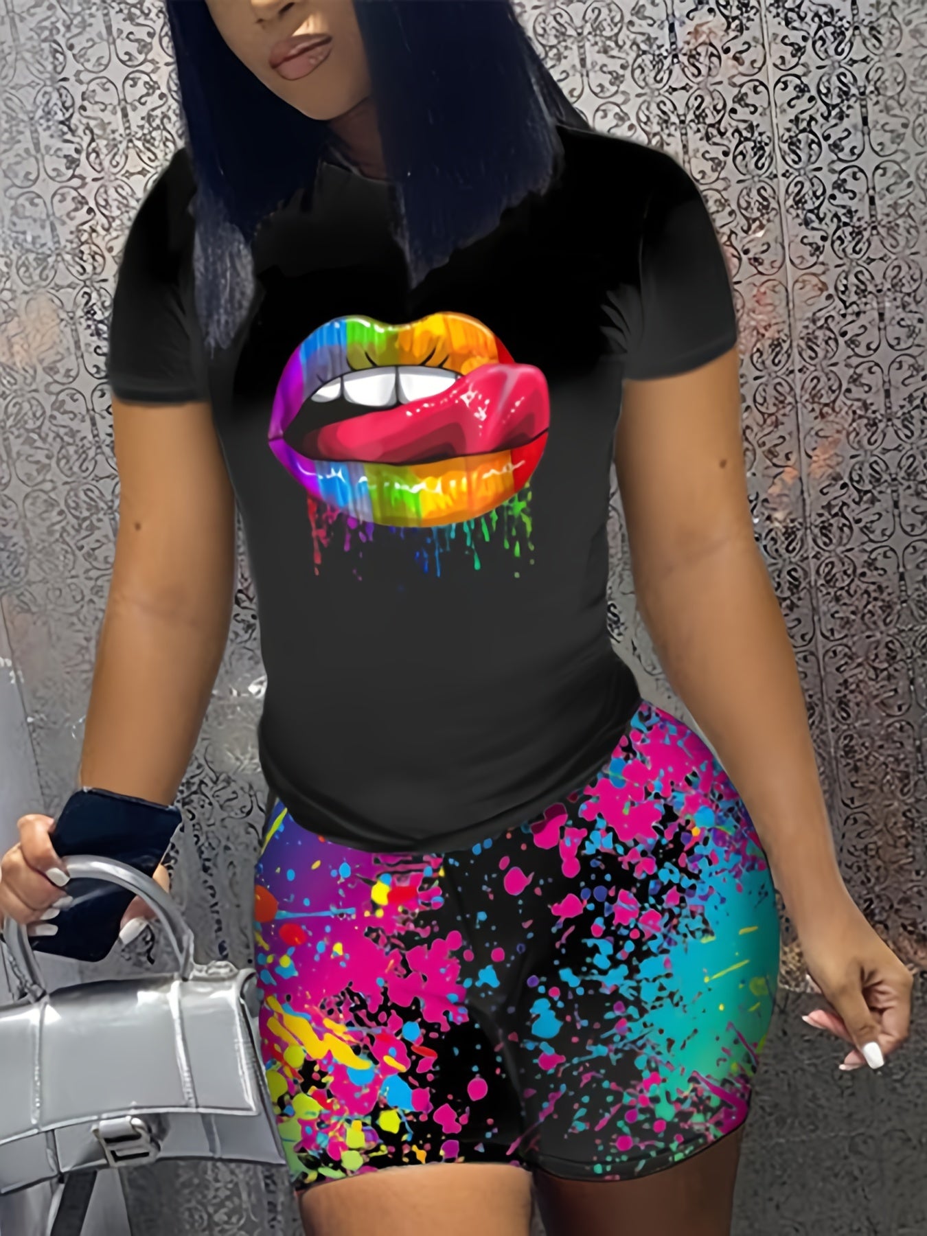 Women's Plus Lip Print Short Sleeve Tee & Painting Print Shorts Set
