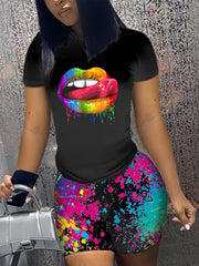 Women's Plus Lip Print Short Sleeve Tee & Painting Print Shorts Set