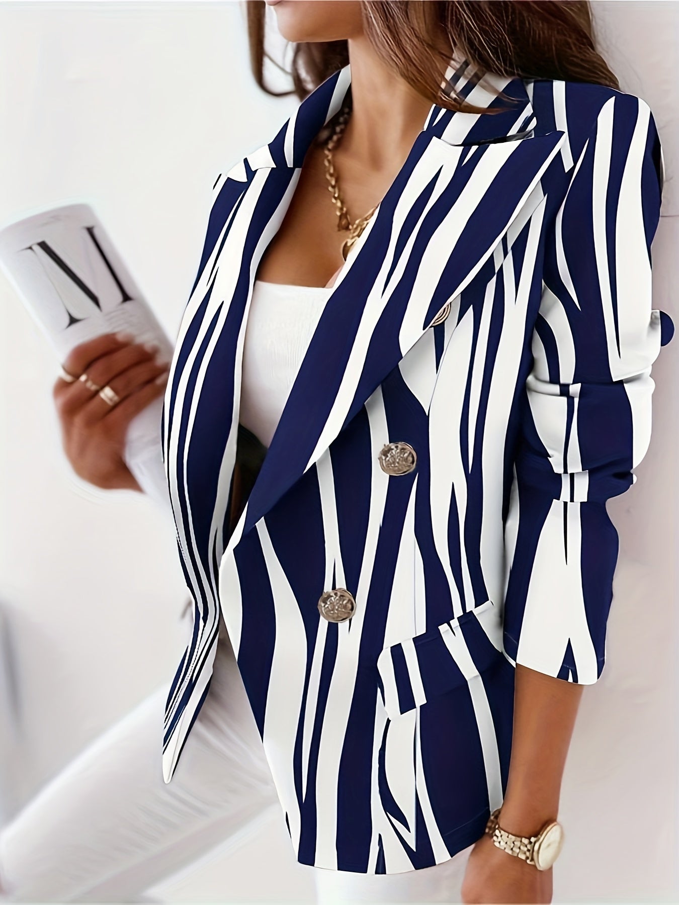 Chain Print Lapel Blazer Casual Long Sleeve Work Office Outerwear