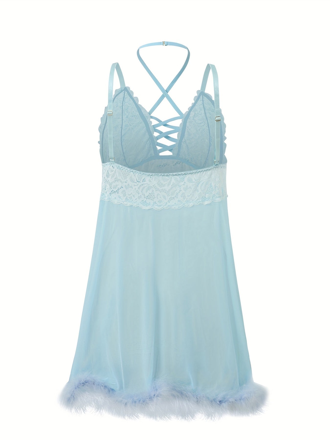Plush Trim Cross Neck Lace Babydoll Dress Women's Semi Sheer Sexy Cost