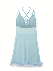 Plush Trim Cross Neck Lace Babydoll Dress Women's Semi Sheer Sexy Cost