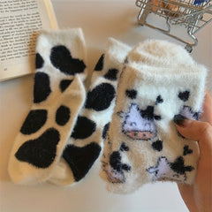 2 Pairs Cartoon Cow Spot Socks Warm & Fuzzy Stockings