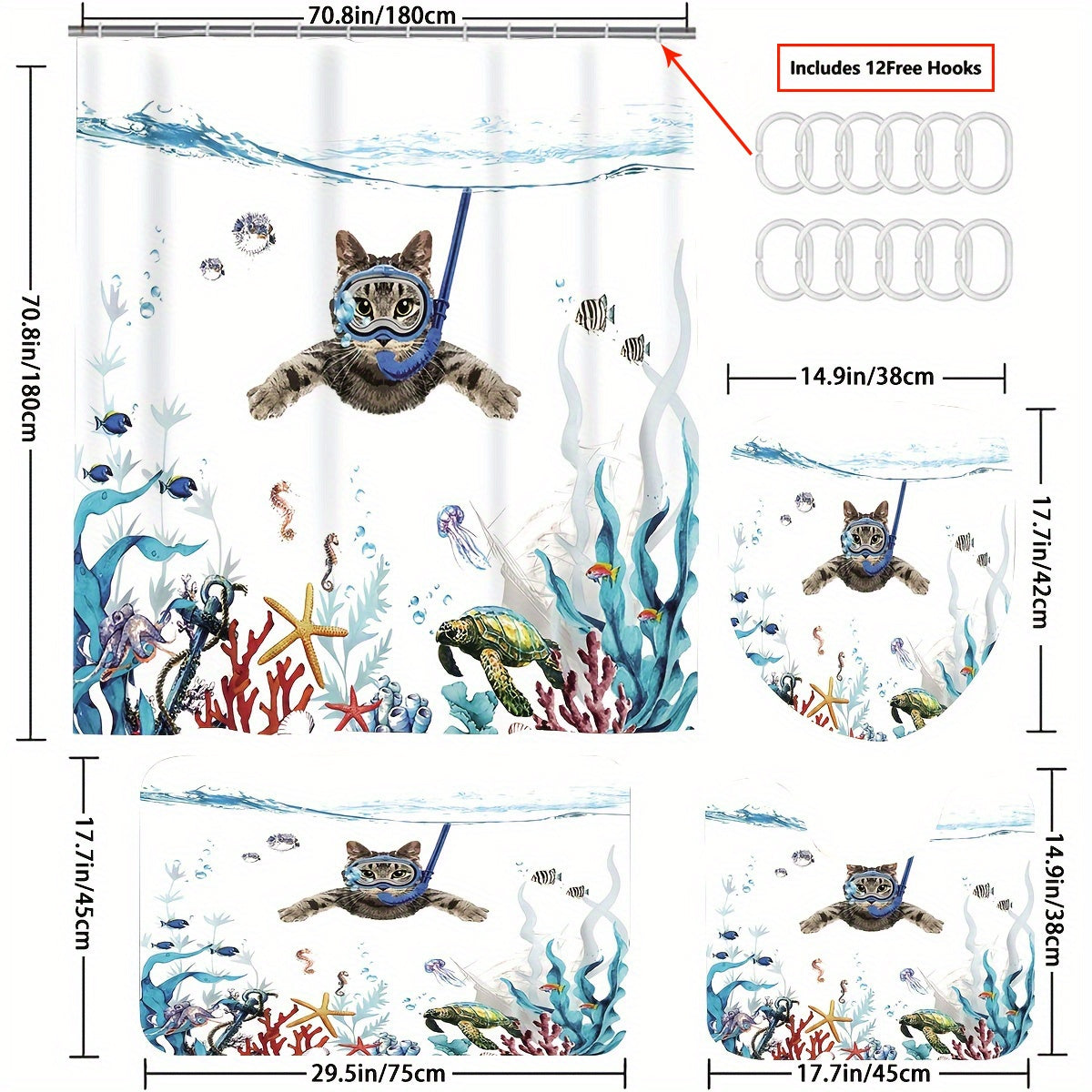 Swimming Cat Shower Curtain Set - Modern Bathroom Decor