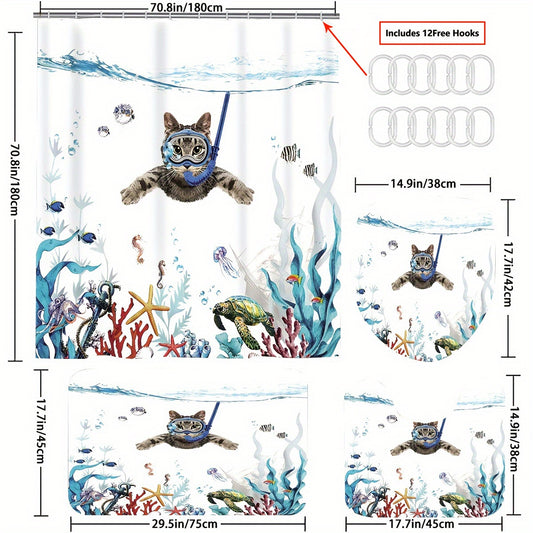 Swimming Cat Shower Curtain Set - Modern Bathroom Decor