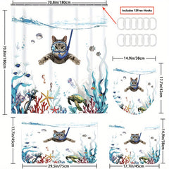 Swimming Cat Shower Curtain Set - Modern Bathroom Decor