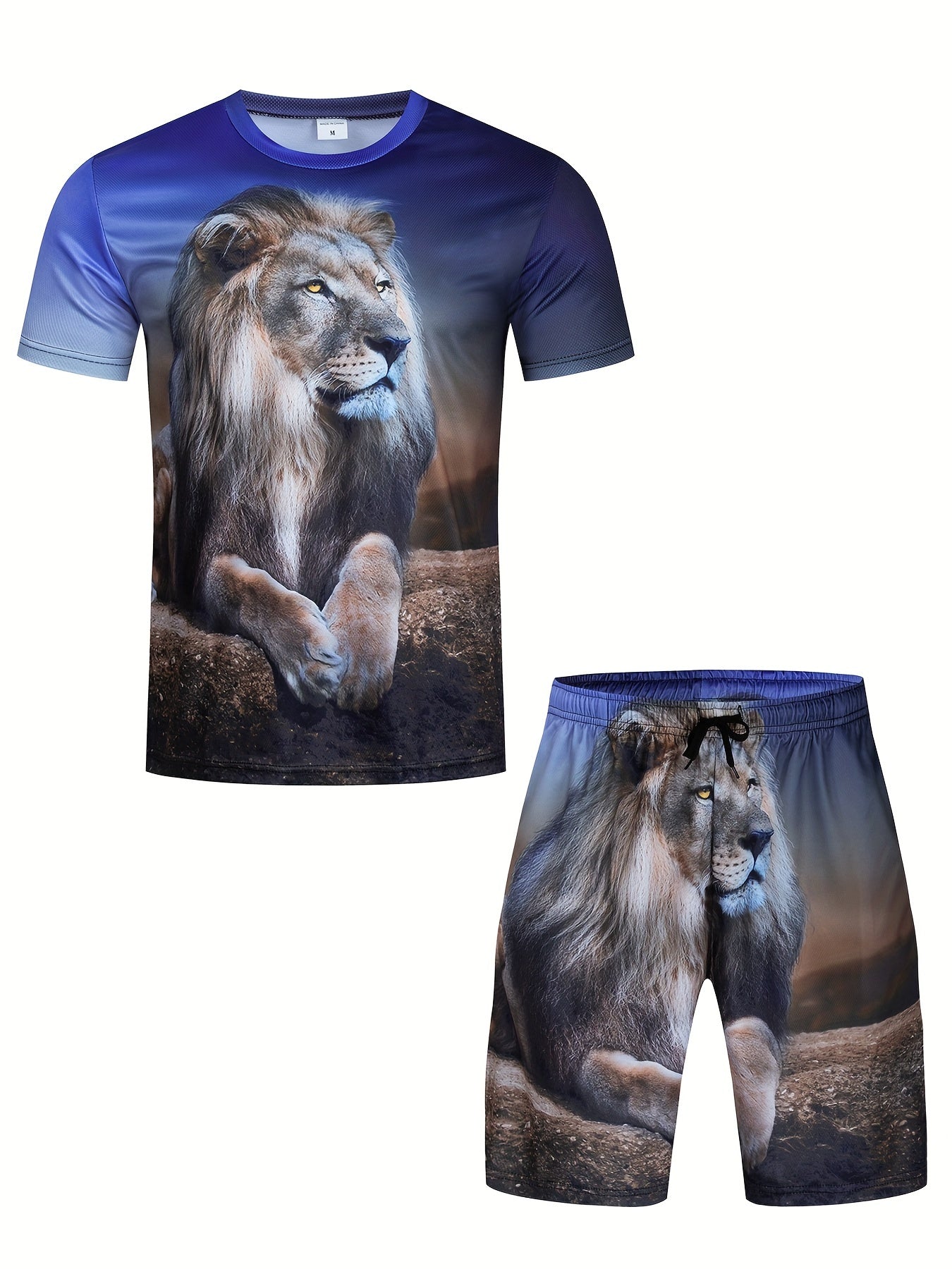 Men's Lion Pattern 3D Print T-shirt & Shorts Set for Fitness