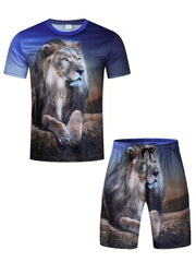 Men's Lion Pattern 3D Print T-shirt & Shorts Set for Fitness