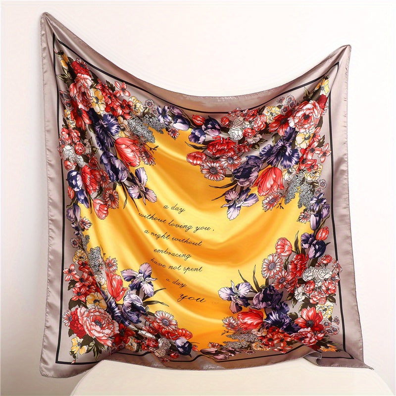 Vintage Flower Print Satin Scarf Large Shawl Women Head Wrap Bandana