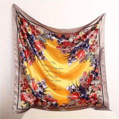 Vintage Flower Print Satin Scarf Large Shawl Women Head Wrap Bandana