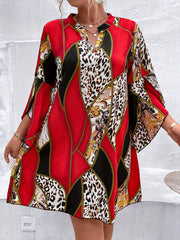 Colorblock Leopard Print Layered Sleeve Dress