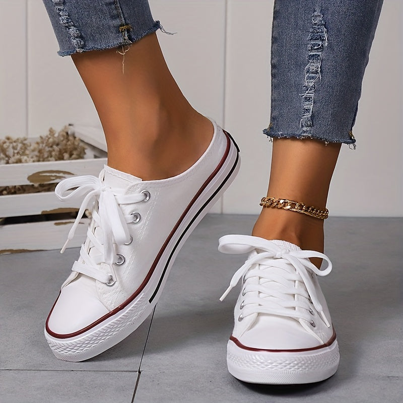 Women's Classic Mule Canvas Sneakers Casual Lace Up Low Top Slip On Shoes