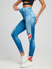 Flag & Denim Print Leggings Casual Skinny Leggings Women's Clothing