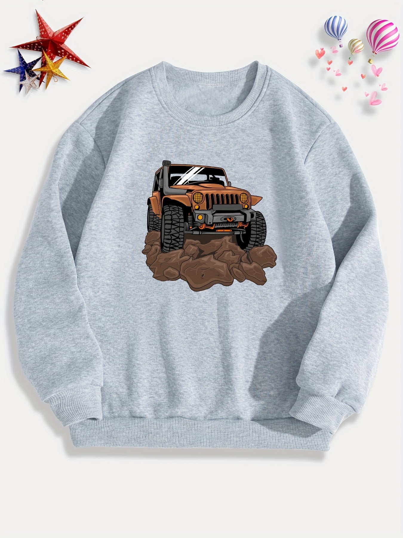 Car Print Boys Casual Pullover Sweatshirt Long Sleeve Crew Neck Tops