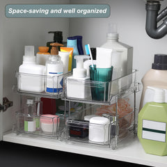 2 Tier Slide Out Bathroom Organizer, Clear Storage Container for Kitchen Counter