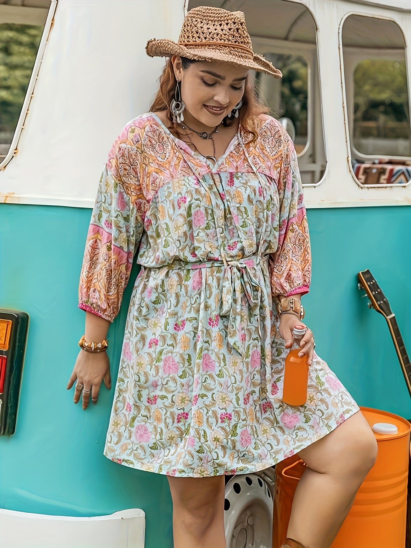 Colorblock Floral Print Lantern Sleeve Mini Dress With Belt