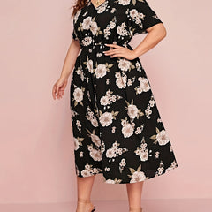 Floral Print Short Sleeve V Neck Dress