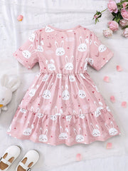 Girls' Bunny Ruffle A-Line Dress Short Sleeve Pullover