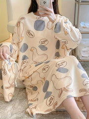 Duck Print NightDress Crew Neck Pajama Dress Women's Sleepwear